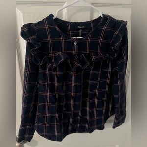 Madewell Navy Plaid Ruffle Blouse